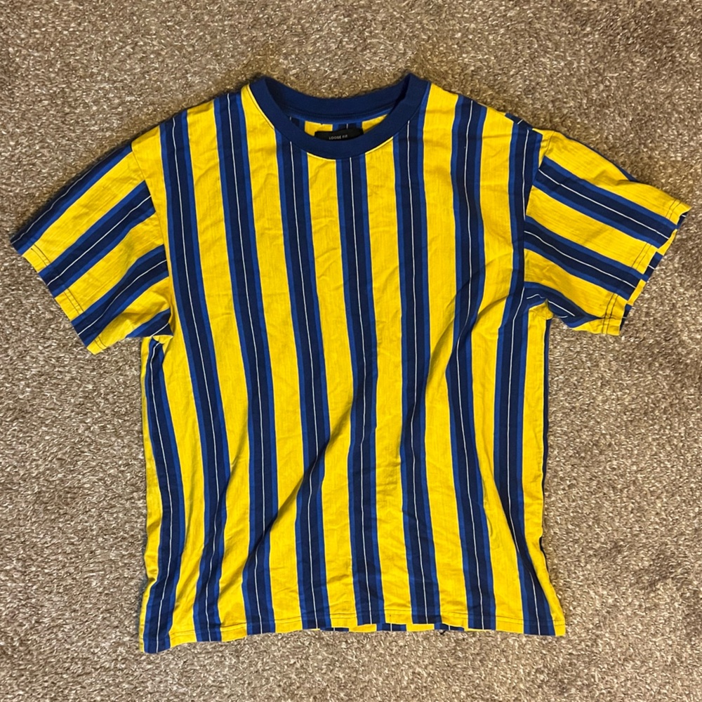 Blue and yellow vertical striped loose fit T-shirt